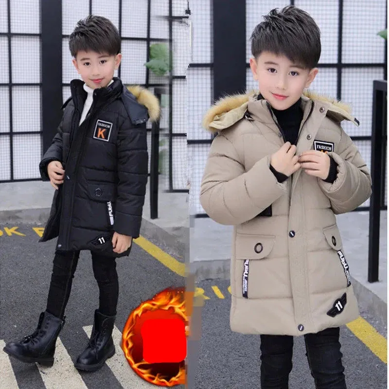 5 6 8 10 12 14 Years Big Boys Jacket Fall Winter Plus Velvet Warm Teen Kids Jackets Fashion Mid-Length Zipper Hooded Boys Coat