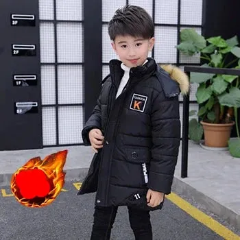 5 6 8 10 12 14 Years Big Boys Jacket Fall Winter Plus Velvet Warm Teen Kids Jackets Fashion Mid-Length Zipper Hooded Boys Coat