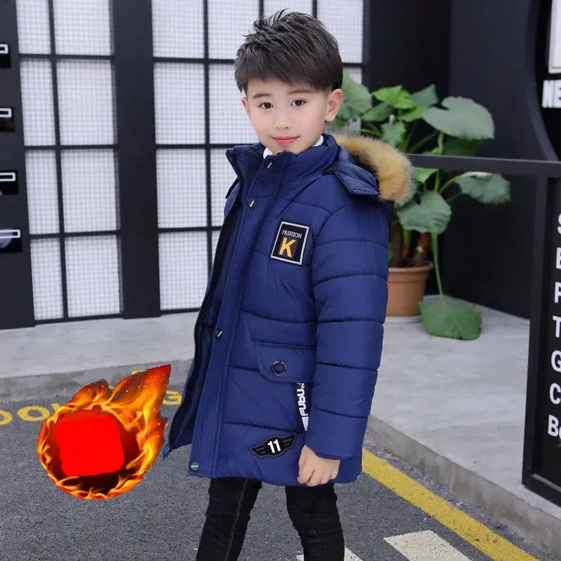 5 6 8 10 12 14 Years Big Boys Jacket Fall Winter Plus Velvet Warm Teen Kids Jackets Fashion Mid-Length Zipper Hooded Boys Coat
