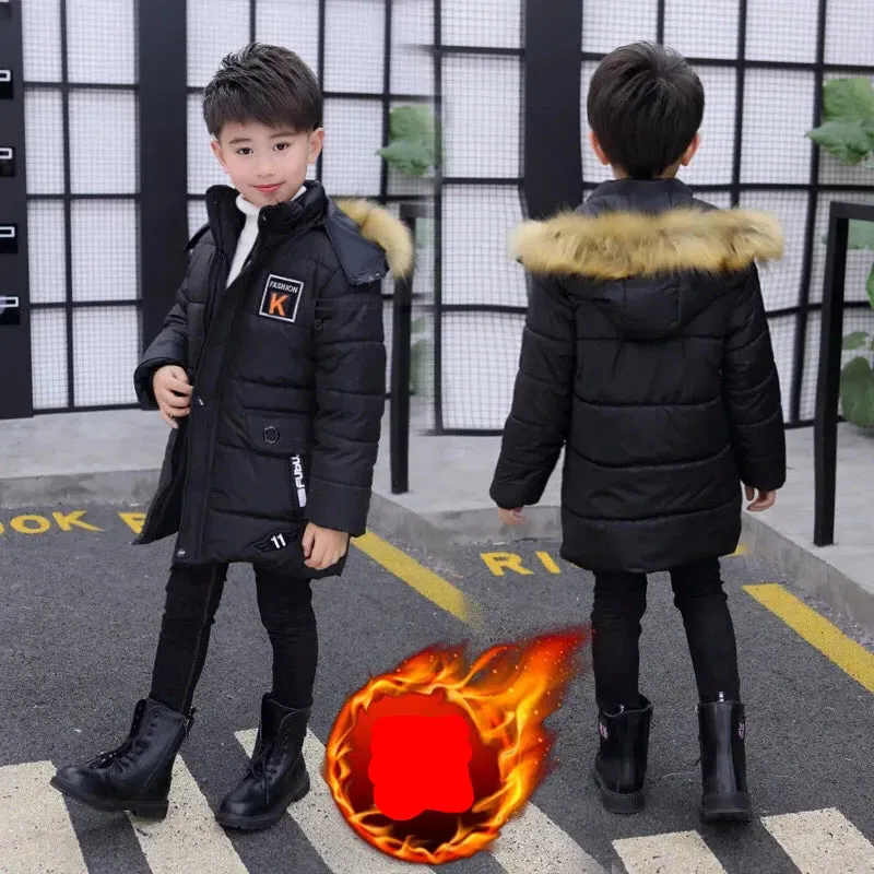 5 6 8 10 12 14 Years Big Boys Jacket Fall Winter Plus Velvet Warm Teen Kids Jackets Fashion Mid-Length Zipper Hooded Boys Coat