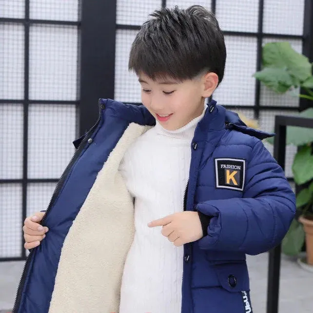 5 6 8 10 12 14 Years Big Boys Jacket Fall Winter Plus Velvet Warm Teen Kids Jackets Fashion Mid-Length Zipper Hooded Boys Coat