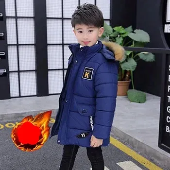 5 6 8 10 12 14 Years Big Boys Jacket Fall Winter Plus Velvet Warm Teen Kids Jackets Fashion Mid-Length Zipper Hooded Boys Coat