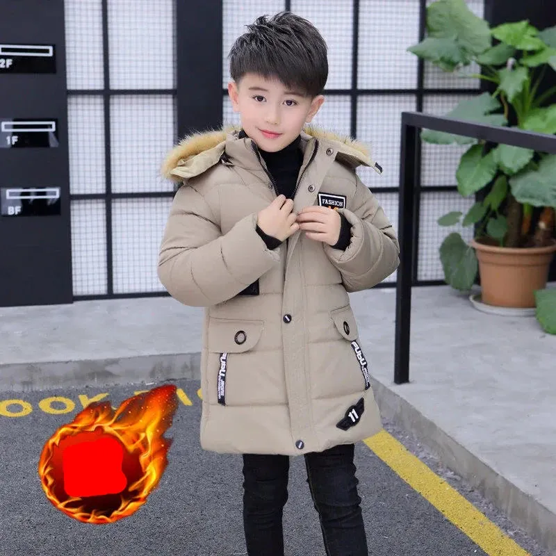 5 6 8 10 12 14 Years Big Boys Jacket Fall Winter Plus Velvet Warm Teen Kids Jackets Fashion Mid-Length Zipper Hooded Boys Coat
