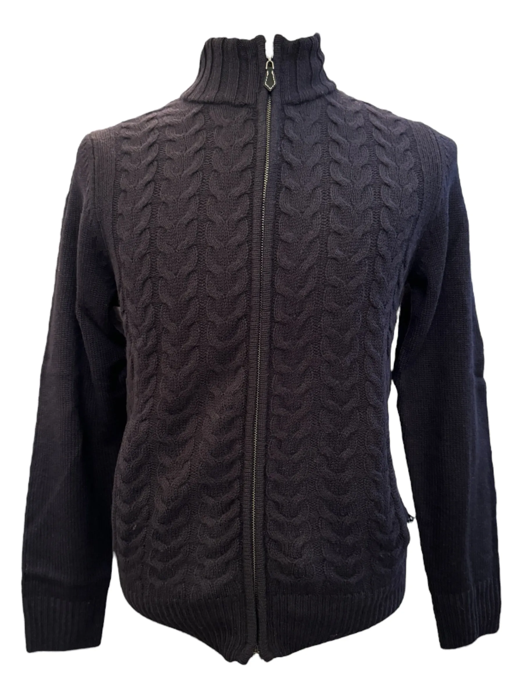 Alan Paine Hawkser Cable Zip Front Mock Neck Sweater Navy