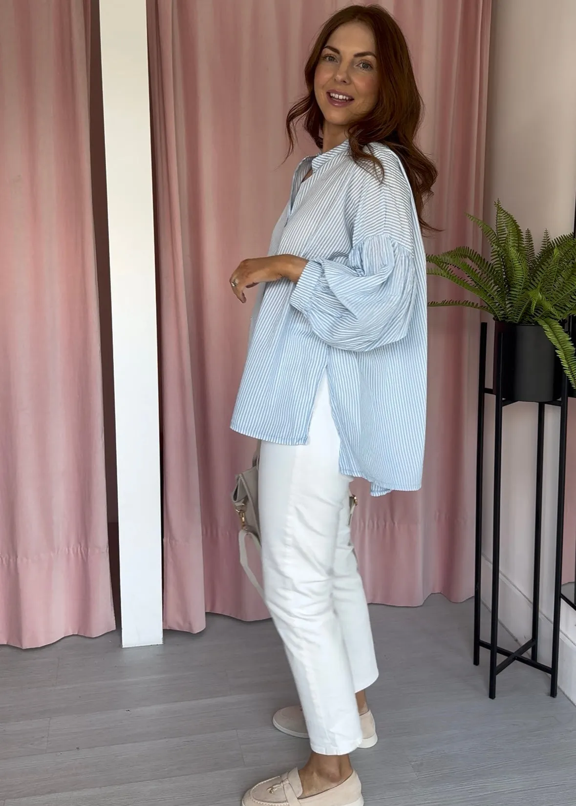 Balloon Sleeve Shirt -  Blue & White Stripe