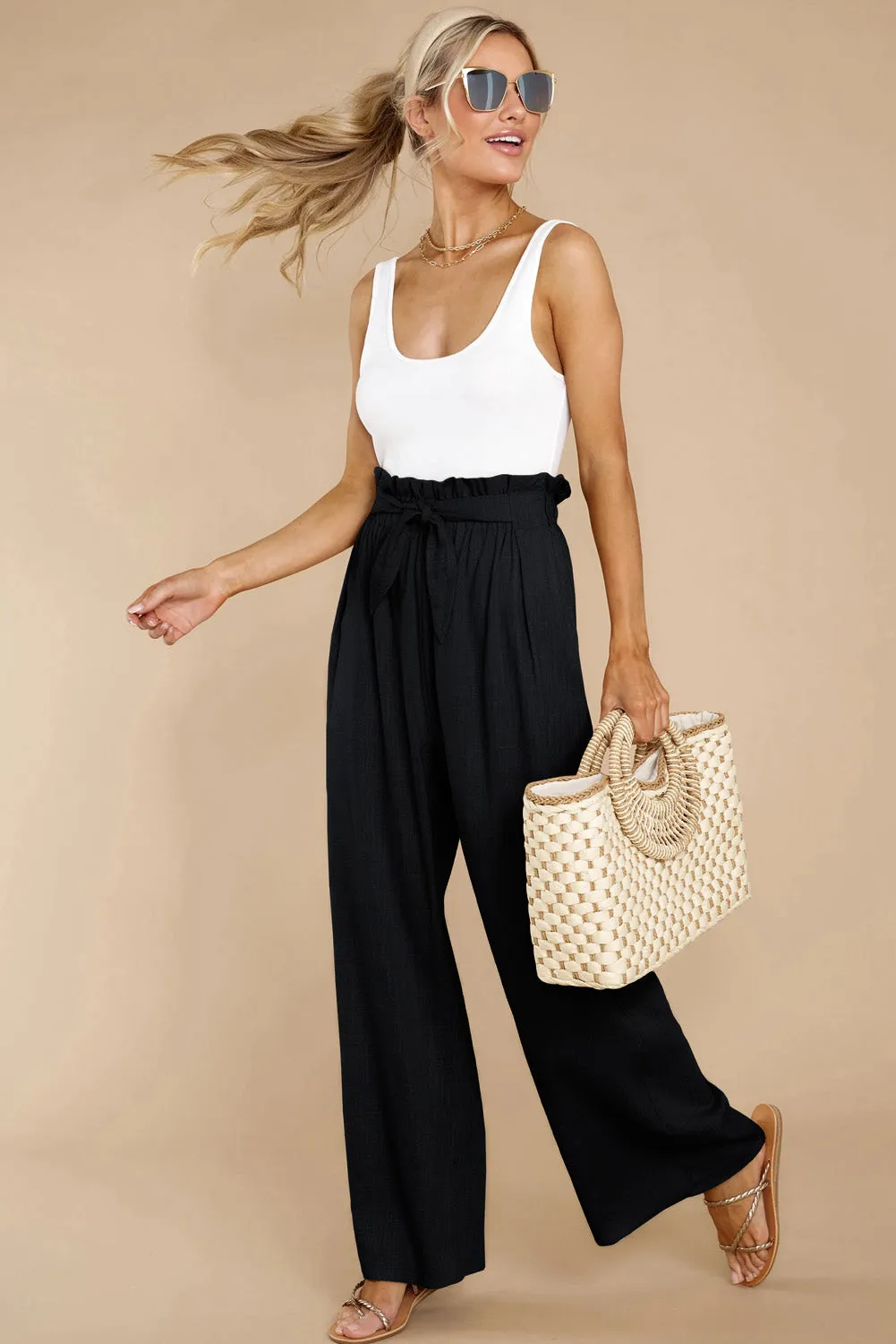 Casual High Rise Paperbag Waist Wide Leg Pants
