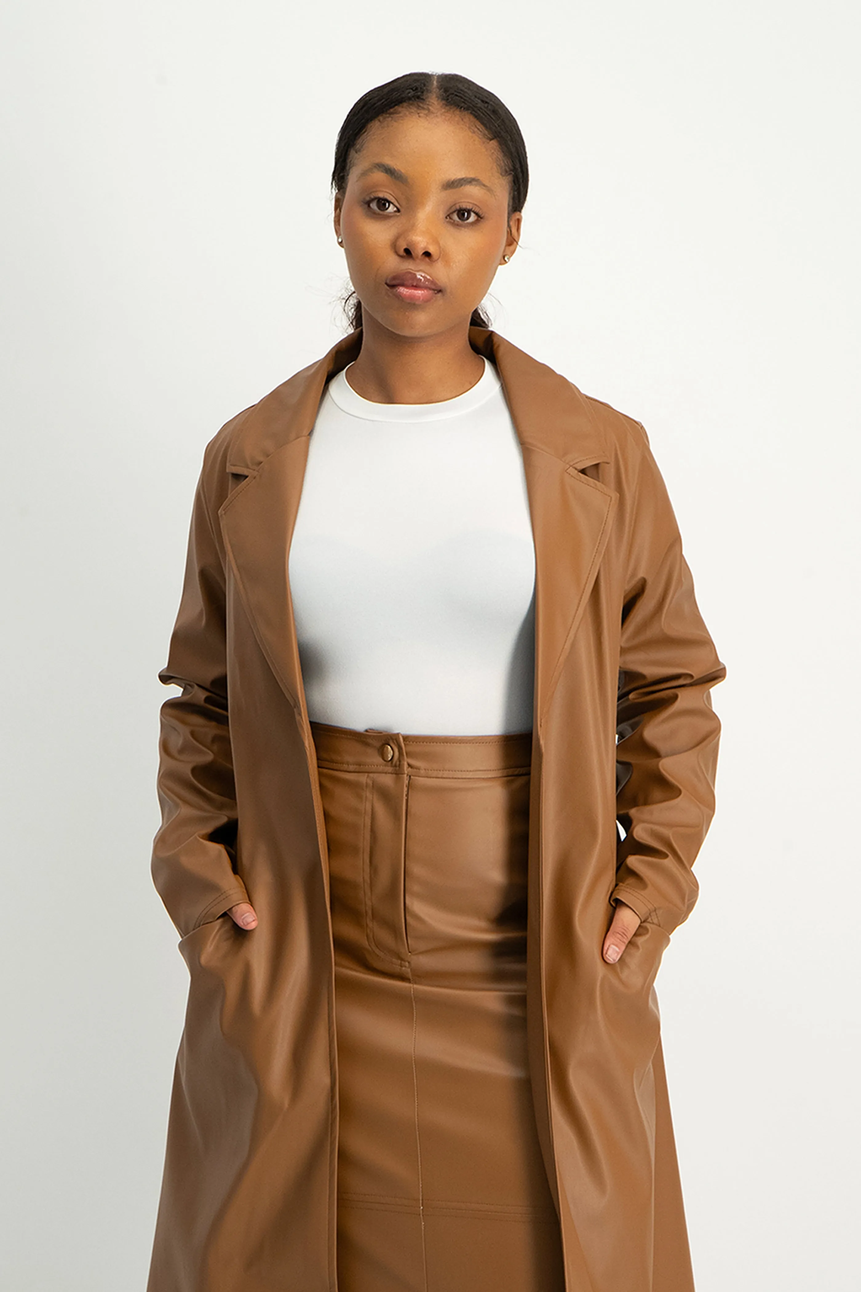 Cece Faux Leather Trench Coat - Brown