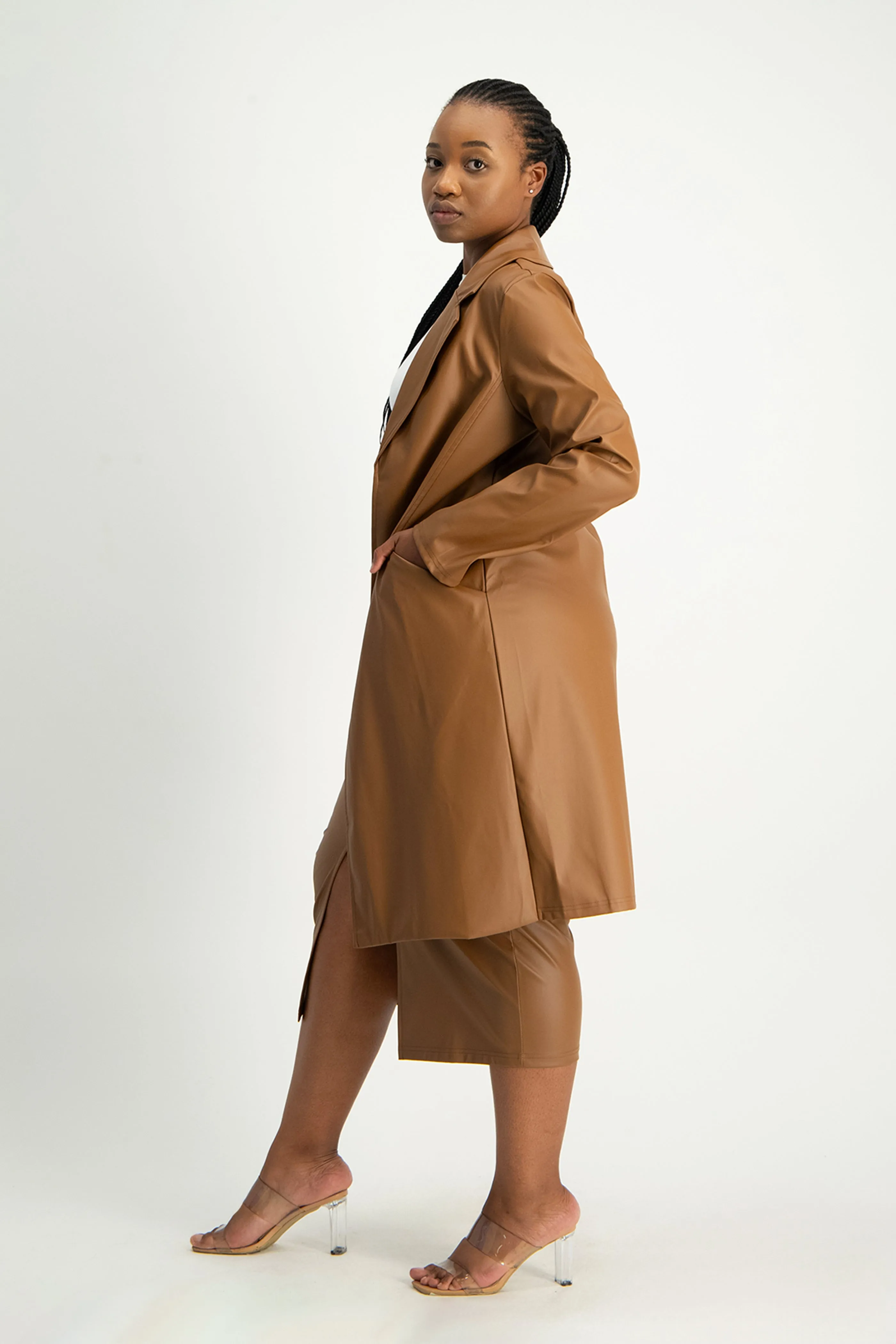 Cece Faux Leather Trench Coat - Brown