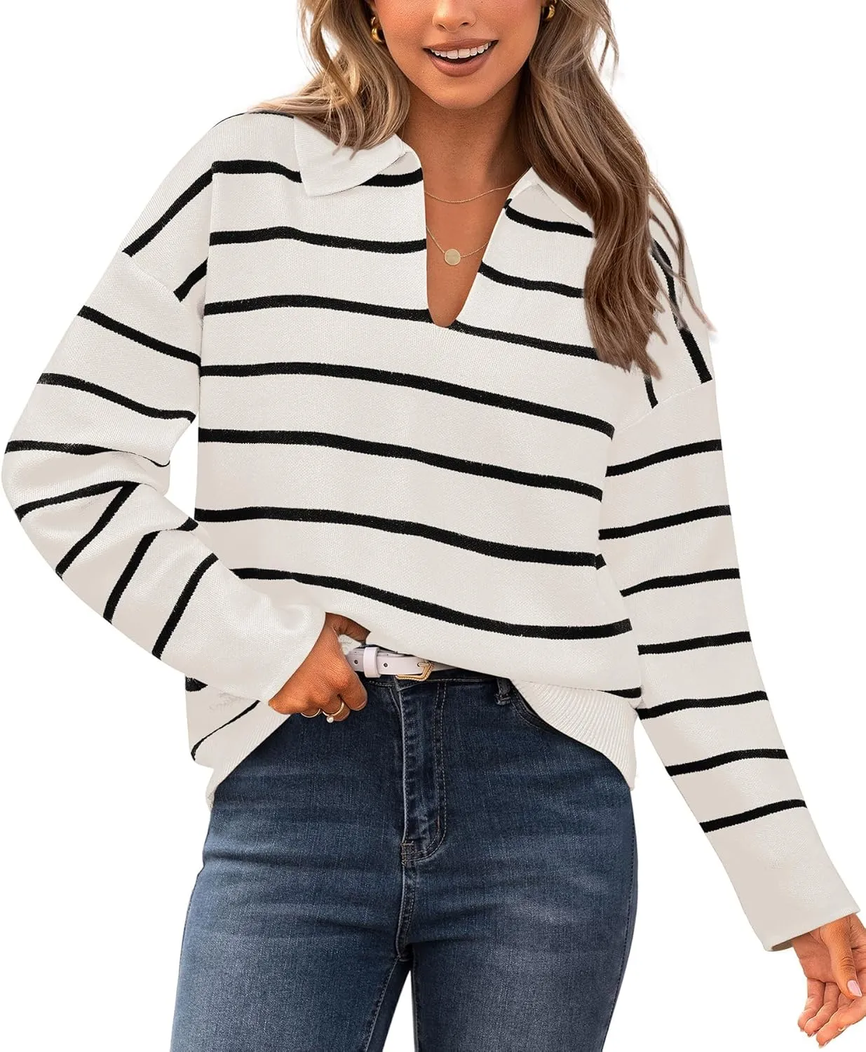 CFLONGE Women's Casual Striped Long Sleeve Polo V Neck Lightweight Pullover Sweater Loose Fit Drop Shoulder Knitted Shirt Top