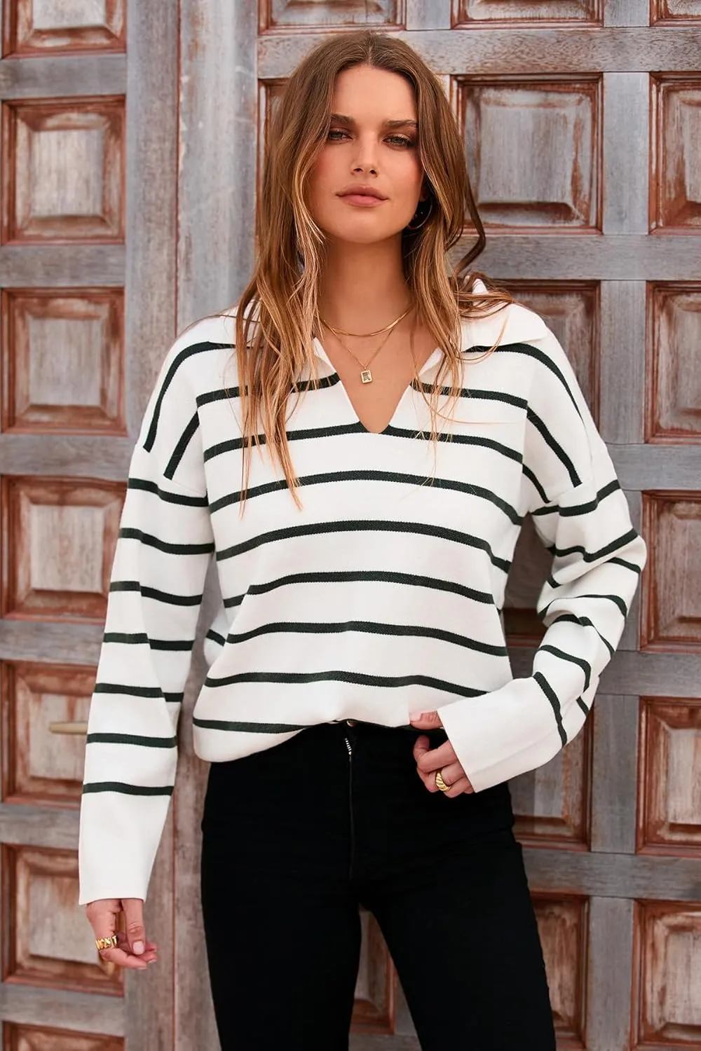 CFLONGE Women's Casual Striped Long Sleeve Polo V Neck Lightweight Pullover Sweater Loose Fit Drop Shoulder Knitted Shirt Top