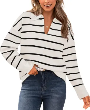 CFLONGE Women's Casual Striped Long Sleeve Polo V Neck Lightweight Pullover Sweater Loose Fit Drop Shoulder Knitted Shirt Top
