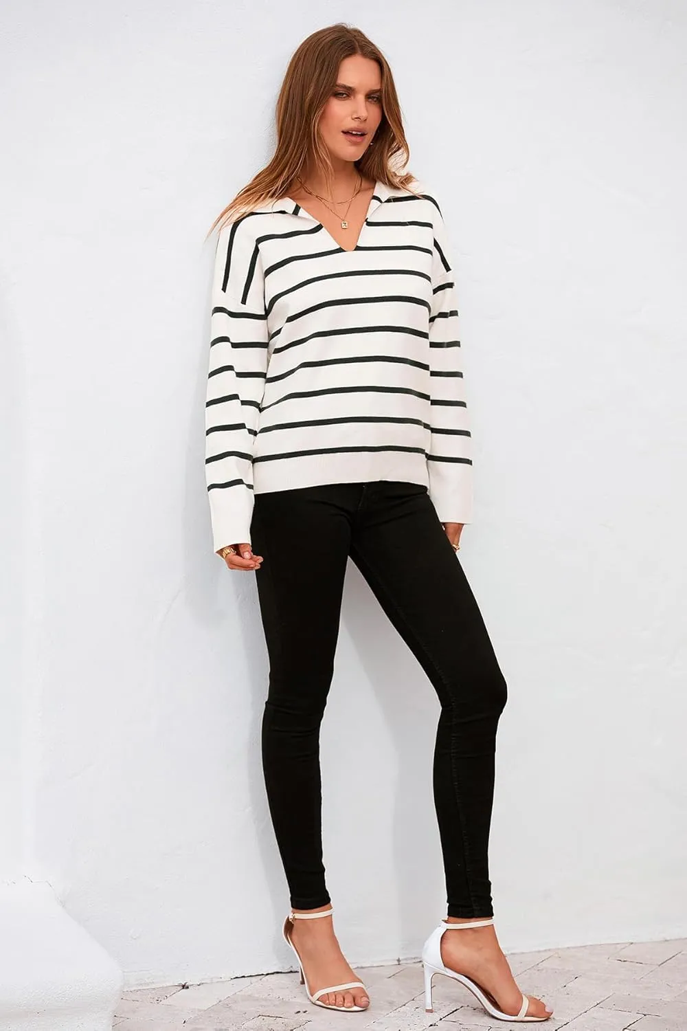 CFLONGE Women's Casual Striped Long Sleeve Polo V Neck Lightweight Pullover Sweater Loose Fit Drop Shoulder Knitted Shirt Top