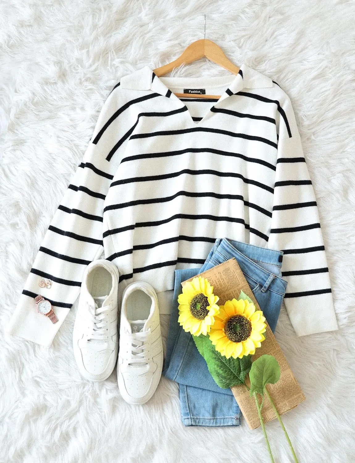 CFLONGE Women's Casual Striped Long Sleeve Polo V Neck Lightweight Pullover Sweater Loose Fit Drop Shoulder Knitted Shirt Top
