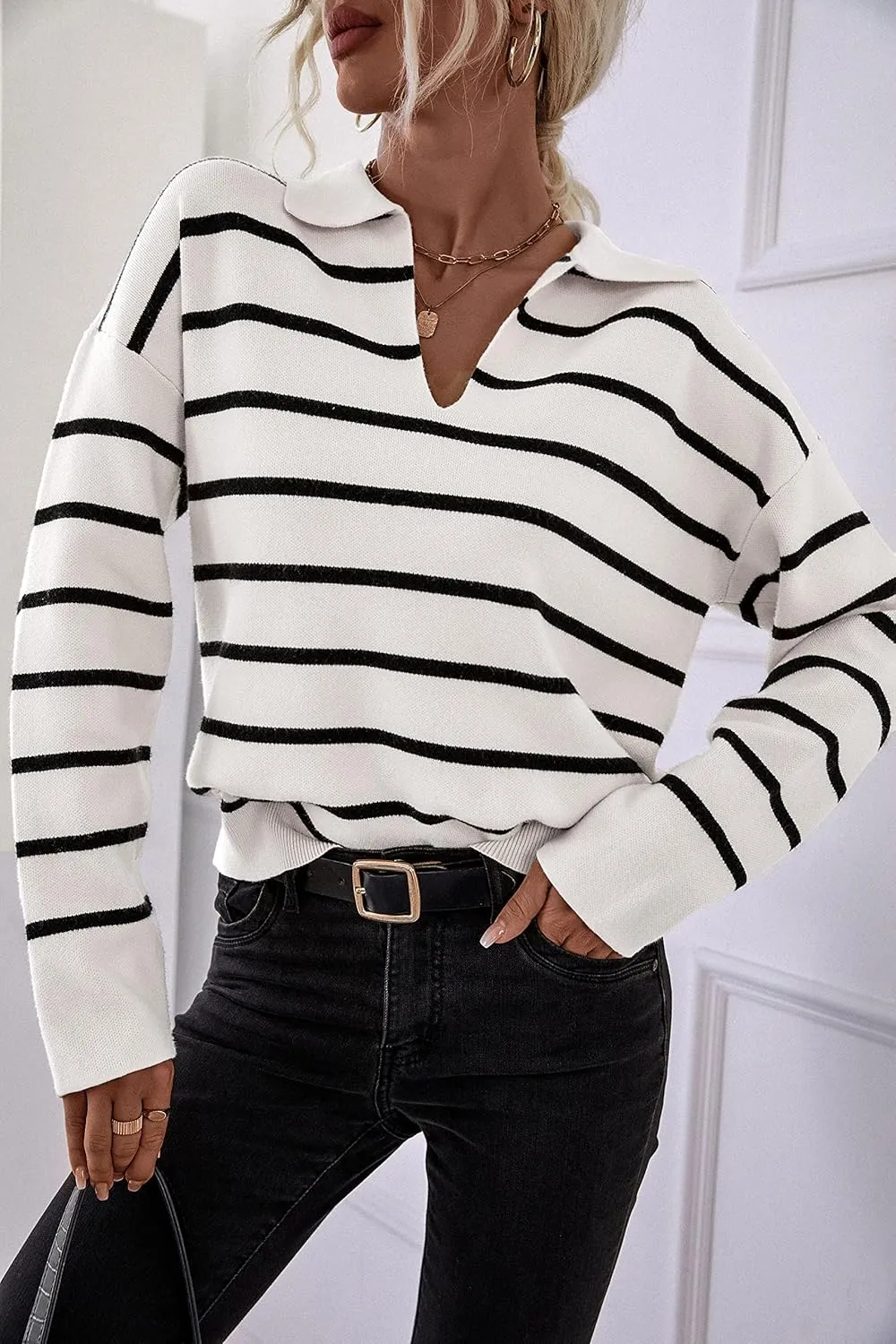 CFLONGE Women's Casual Striped Long Sleeve Polo V Neck Lightweight Pullover Sweater Loose Fit Drop Shoulder Knitted Shirt Top