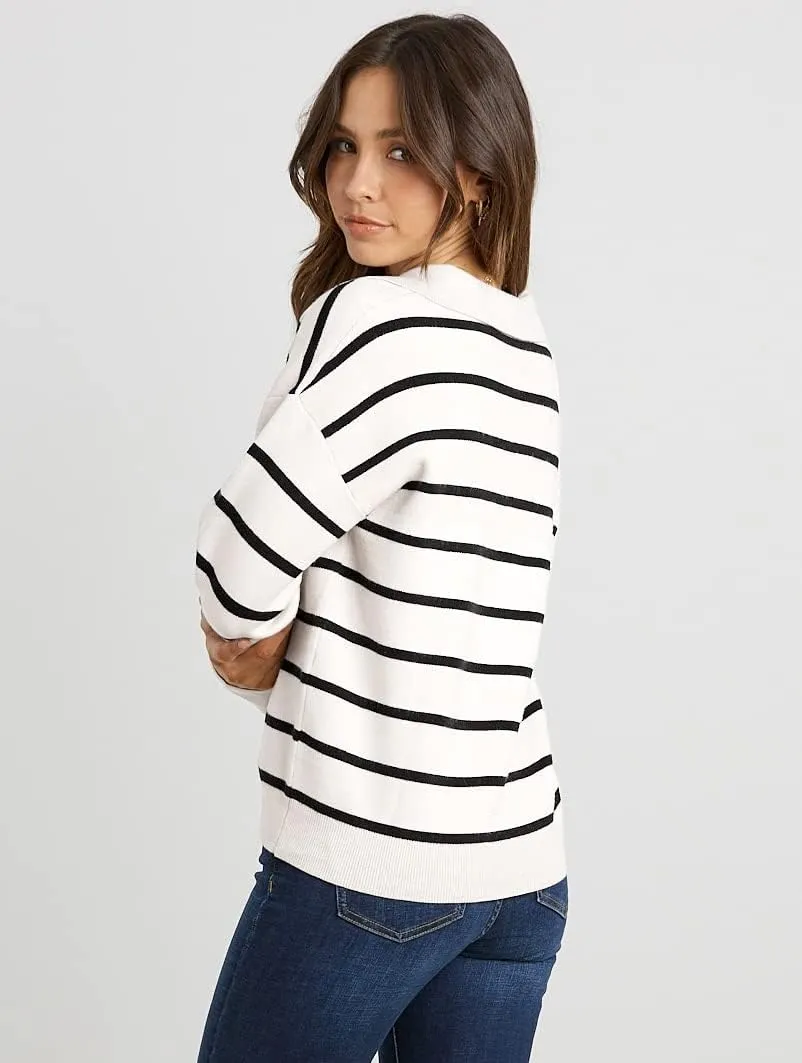 CFLONGE Women's Casual Striped Long Sleeve Polo V Neck Lightweight Pullover Sweater Loose Fit Drop Shoulder Knitted Shirt Top