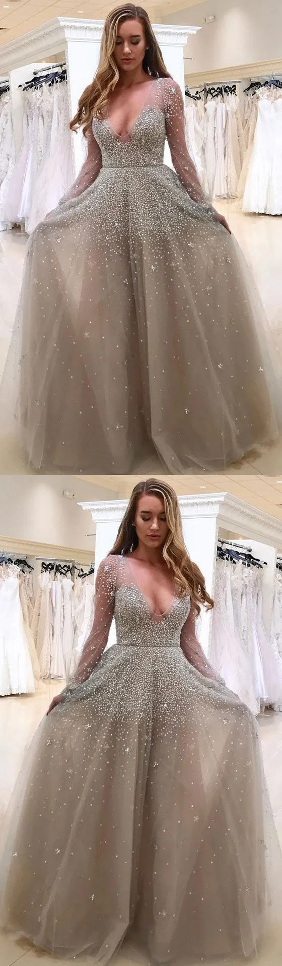 Charming Long Sleeves Elegant V Neck Inexpensive Long Prom Dresses, WG797