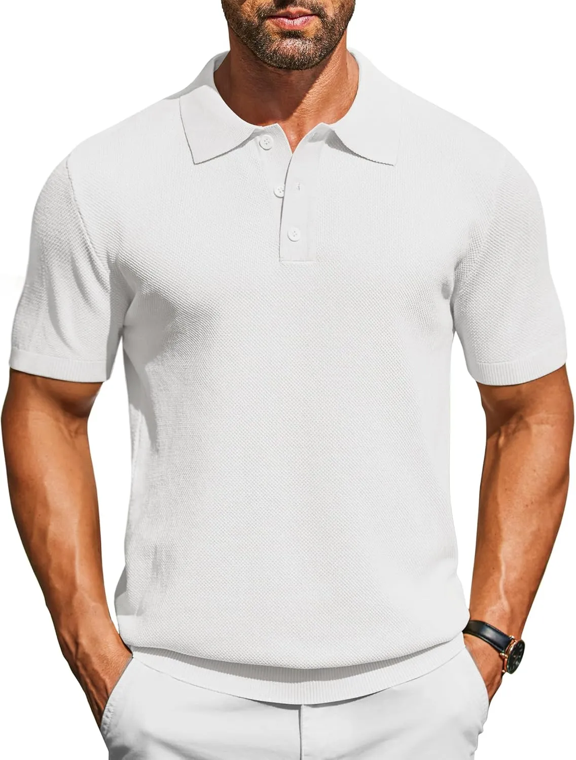 COOFANDY Mens Knit Polo Shirts Short Sleeve Classic Fit Shirts Casual Goft Collared Textured T Shirt