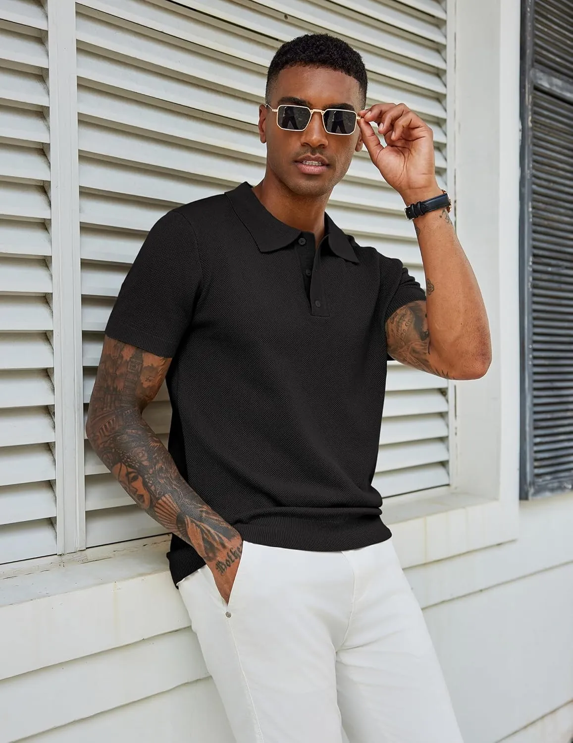 COOFANDY Mens Knit Polo Shirts Short Sleeve Classic Fit Shirts Casual Goft Collared Textured T Shirt