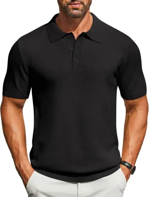 COOFANDY Mens Knit Polo Shirts Short Sleeve Classic Fit Shirts Casual Goft Collared Textured T Shirt