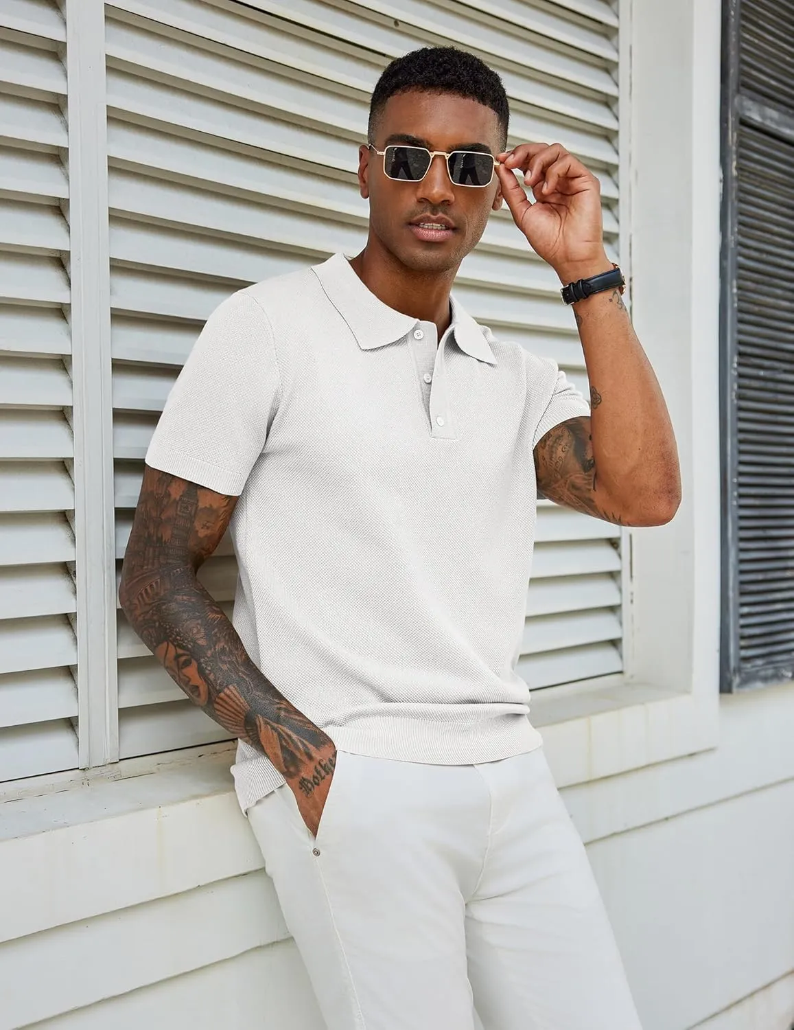 COOFANDY Mens Knit Polo Shirts Short Sleeve Classic Fit Shirts Casual Goft Collared Textured T Shirt