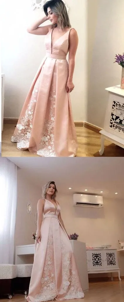 Elegant A Line Deep V Neck Long Satin Formal Evening Prom Dress With Lace PFP0044