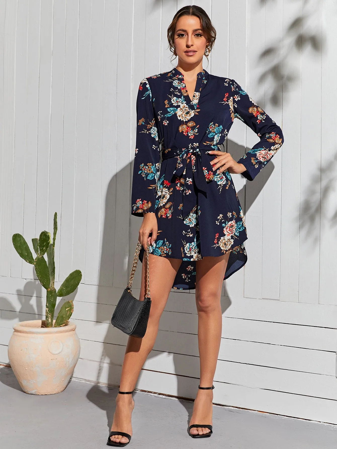 Elegant Floral High Low Long Sleeve Notched Asymmetrical High Waist Short Dress
