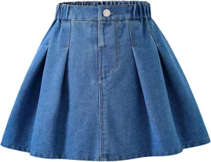 Girl's Summer A Line Denim Skirts Elastic Waist Zipper Fly Mini Pleated Jean Skirts Trendy