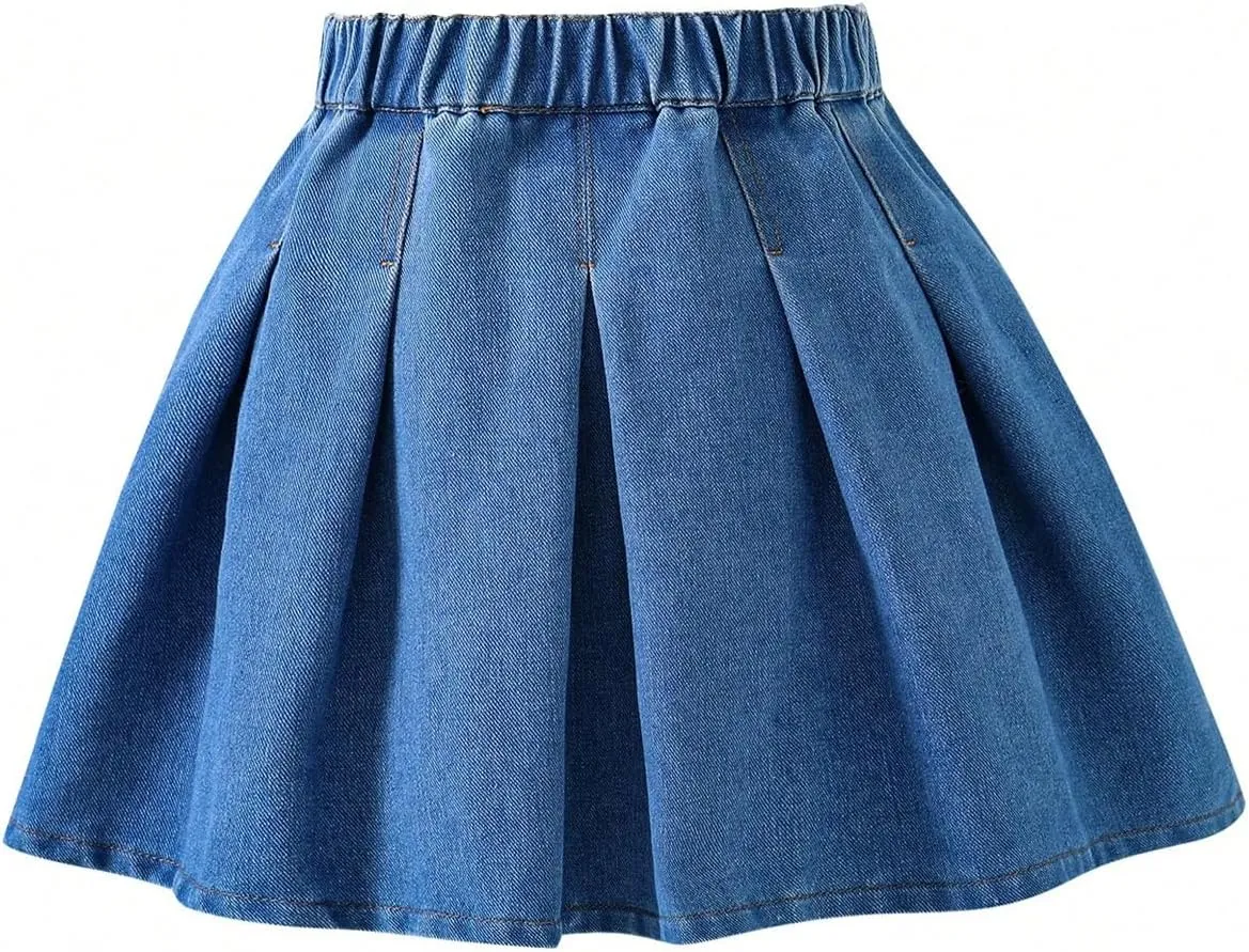 Girl's Summer A Line Denim Skirts Elastic Waist Zipper Fly Mini Pleated Jean Skirts Trendy
