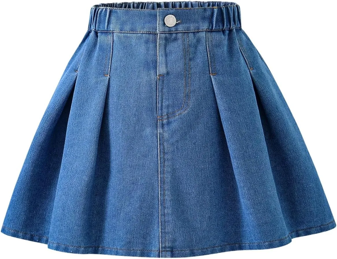 Girl's Summer A Line Denim Skirts Elastic Waist Zipper Fly Mini Pleated Jean Skirts Trendy