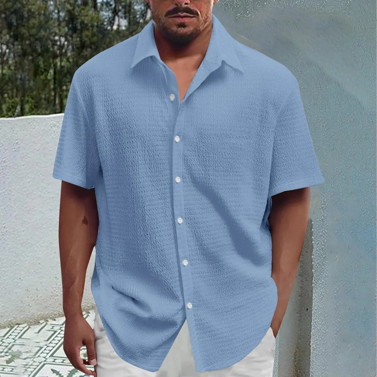 Loose Short Sleeve Shirts Mens Button Down Collared Hawaiian Beach T-Shirts Solid Casual Summer Tropical Holiday Tops