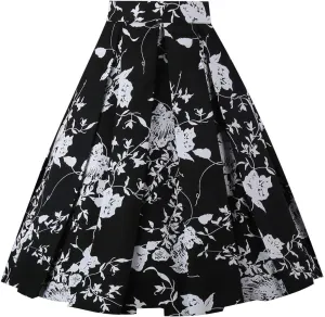 OBBUE Dresstore Vintage Pleated Skirt Floral A-line Printed Midi Skirts with Pockets
