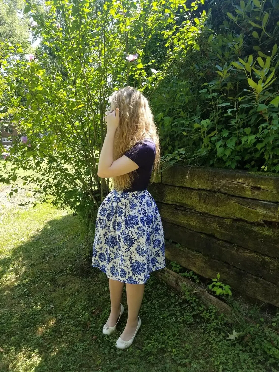 OBBUE Dresstore Vintage Pleated Skirt Floral A-line Printed Midi Skirts with Pockets