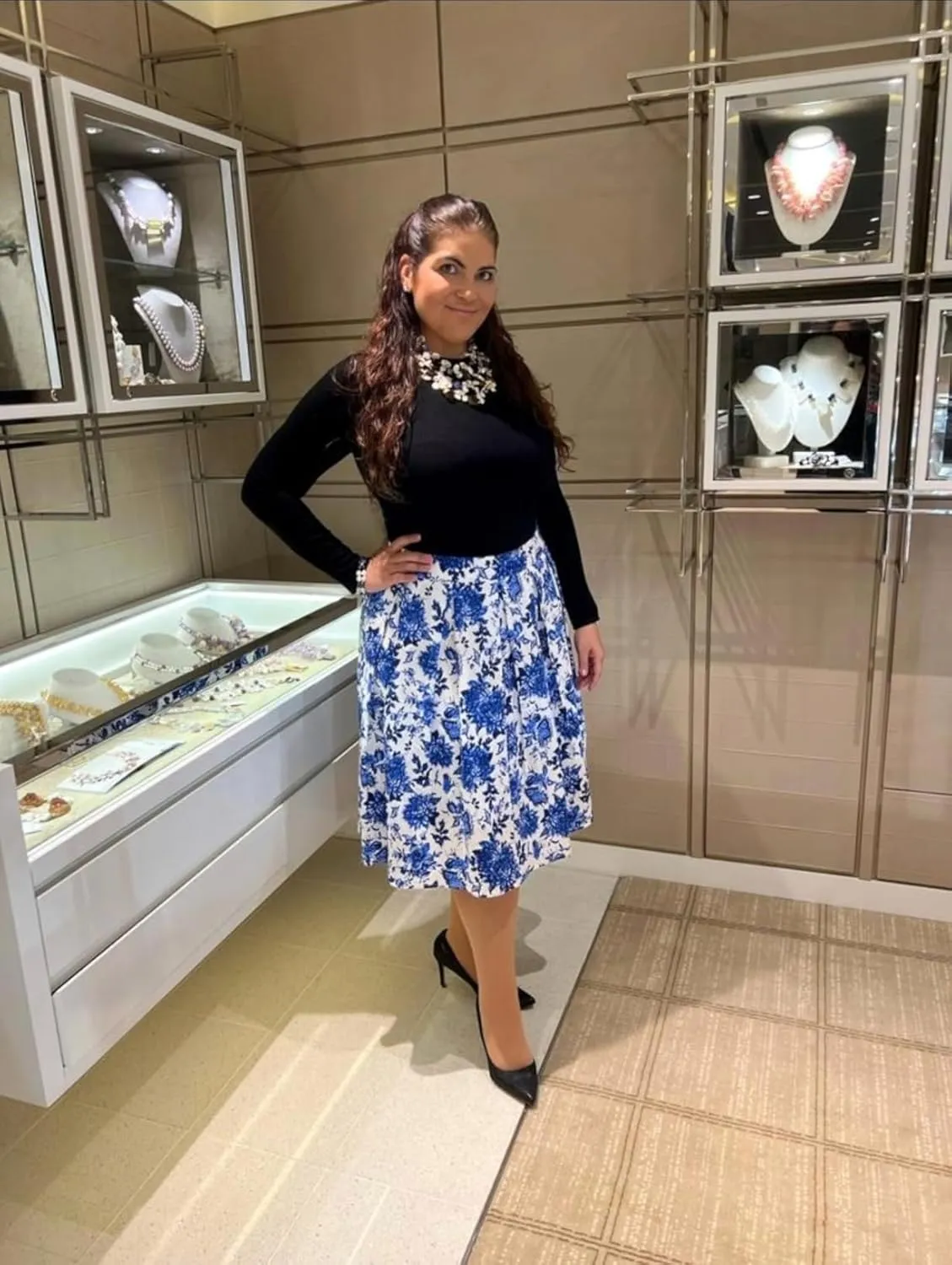 OBBUE Dresstore Vintage Pleated Skirt Floral A-line Printed Midi Skirts with Pockets