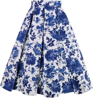OBBUE Dresstore Vintage Pleated Skirt Floral A-line Printed Midi Skirts with Pockets