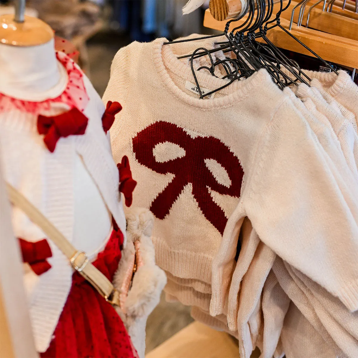 oh baby! Crew Neck Sweater - Red Berry Bow - Cream