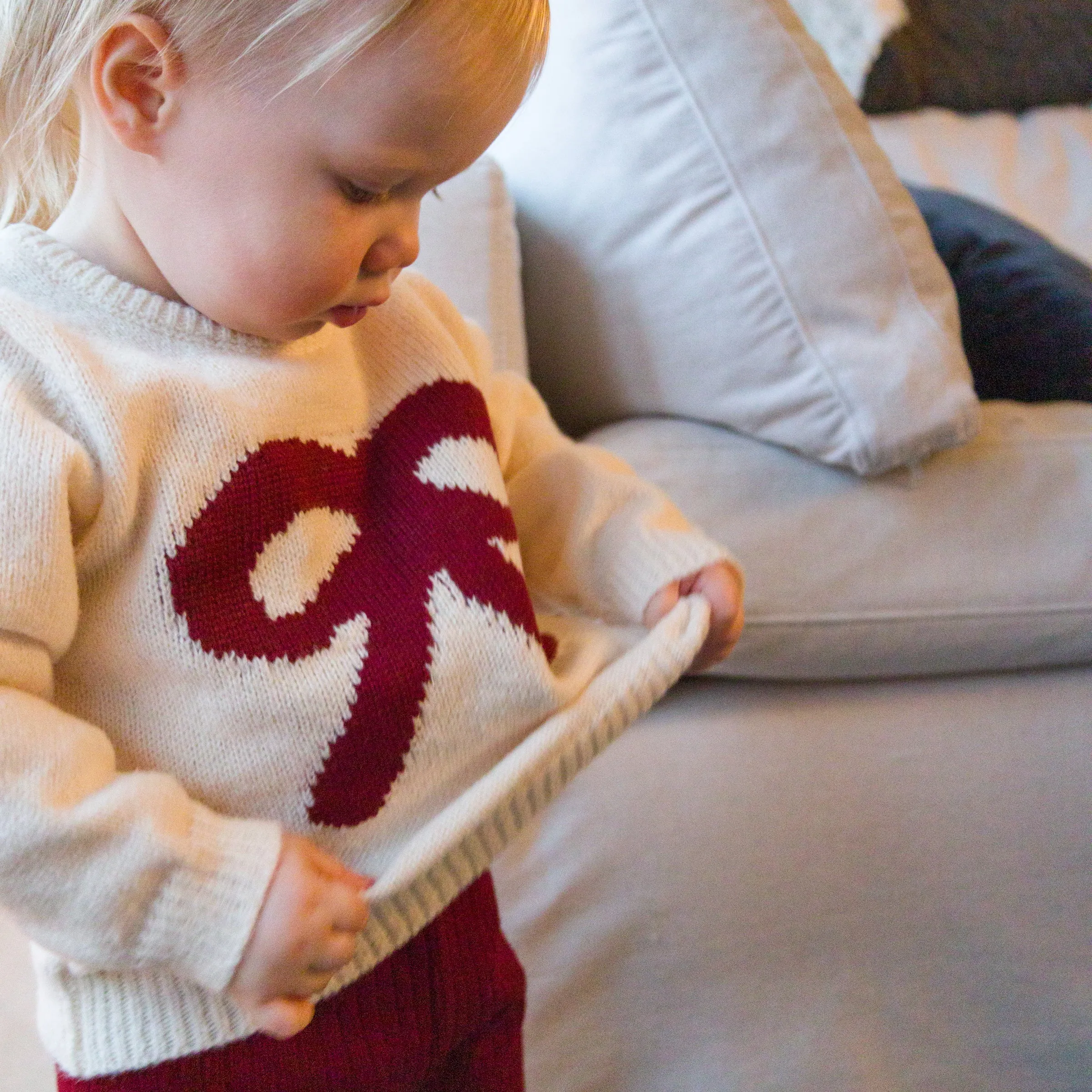 oh baby! Crew Neck Sweater - Red Berry Bow - Cream