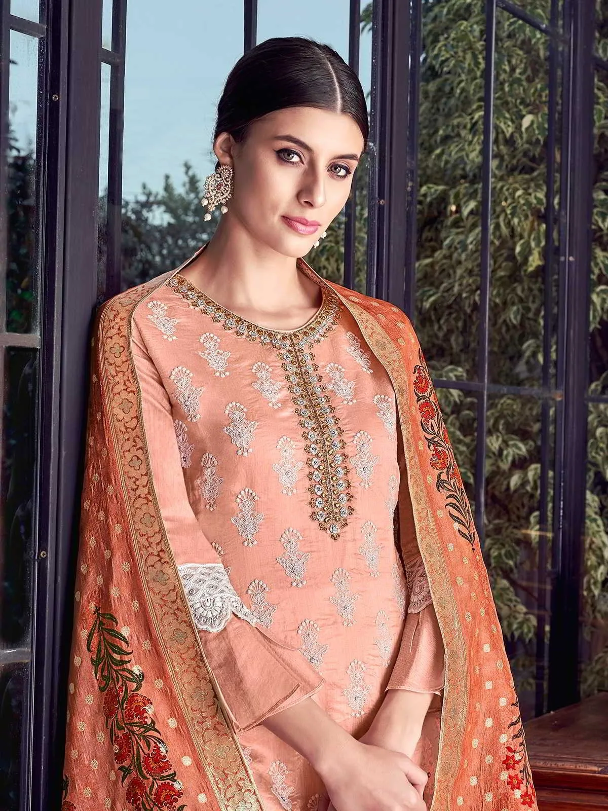 Peach And White Multi Embroidered Lucknowi Sharara Palazzo Suit
