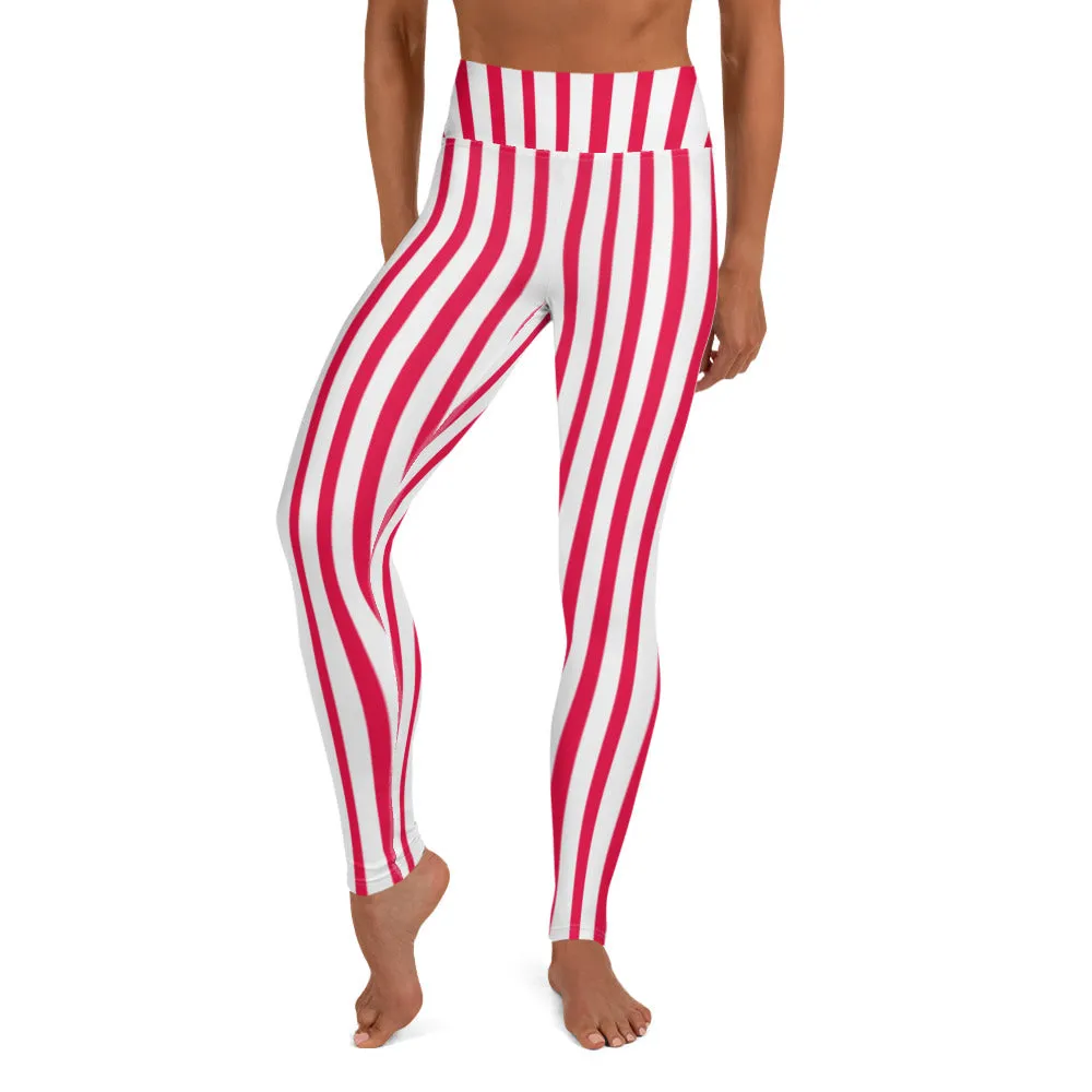 Red White Striped Yoga Leggings, Circus Vertically Stripes Women's Long Pants-Made in USA/EU