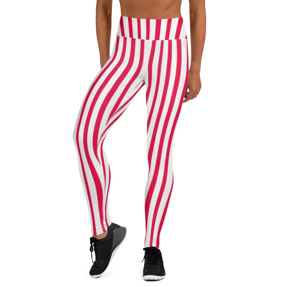Red White Striped Yoga Leggings, Circus Vertically Stripes Women's Long Pants-Made in USA/EU