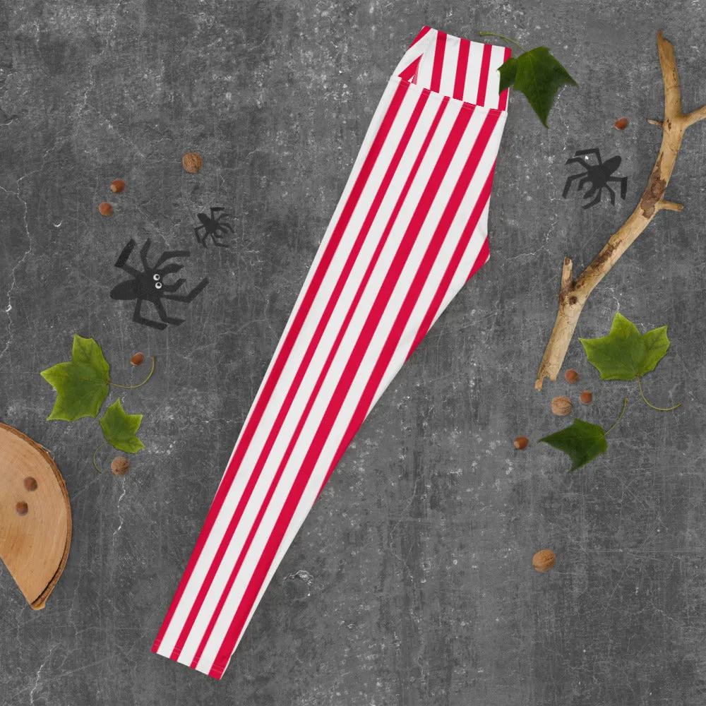 Red White Striped Yoga Leggings, Circus Vertically Stripes Women's Long Pants-Made in USA/EU