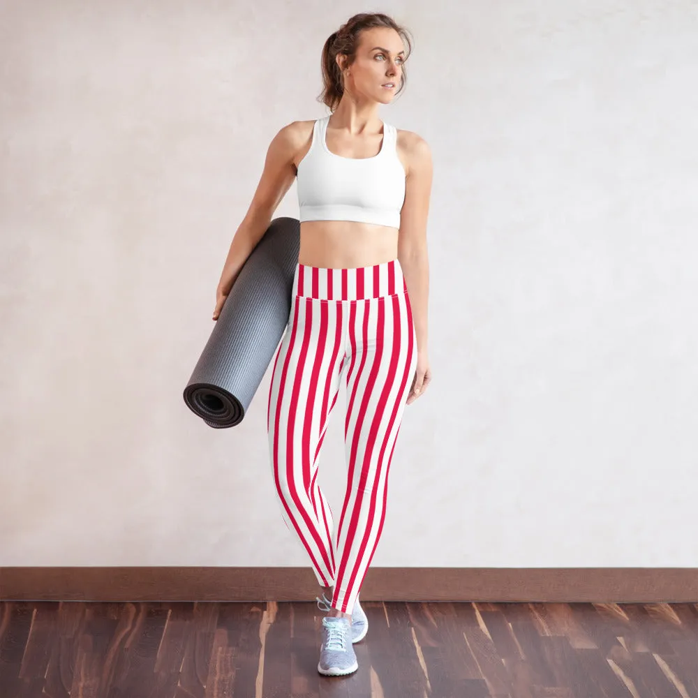 Red White Striped Yoga Leggings, Circus Vertically Stripes Women's Long Pants-Made in USA/EU
