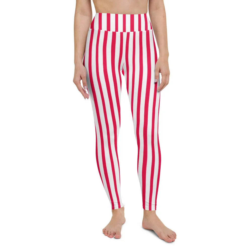 Red White Striped Yoga Leggings, Circus Vertically Stripes Women's Long Pants-Made in USA/EU