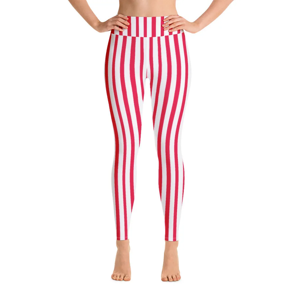 Red White Striped Yoga Leggings, Circus Vertically Stripes Women's Long Pants-Made in USA/EU