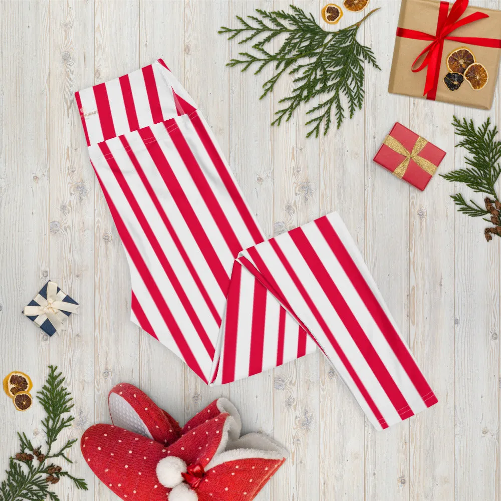 Red White Striped Yoga Leggings, Circus Vertically Stripes Women's Long Pants-Made in USA/EU