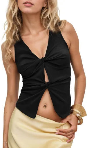 Sexy Deep V Neck Crop Tank Tops for Women Y2K Slim Fit Sleeveless Twist Front Tops Plain Hollow Out Cropped Vest Top
