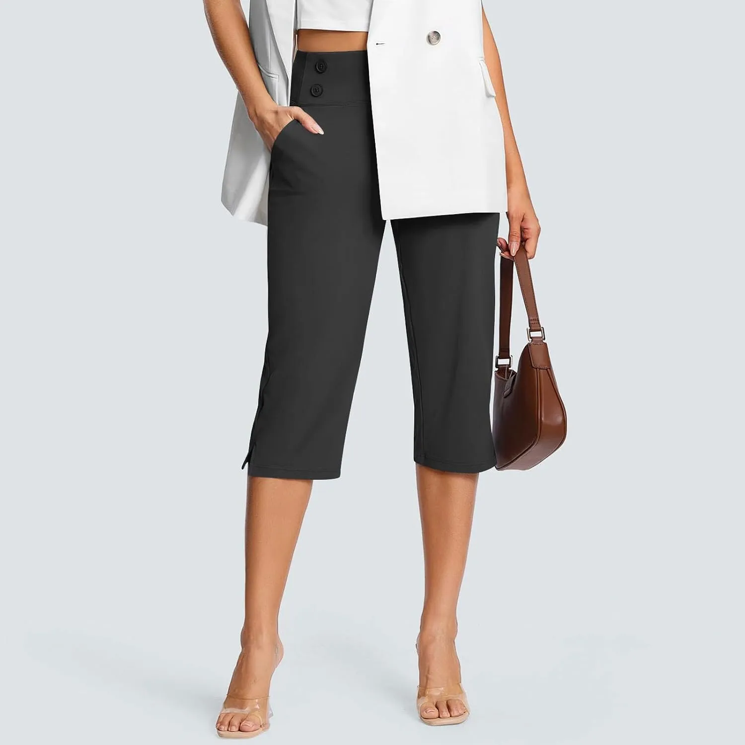Stretchy Capri Leggings for Women with Pockets Dressy Yoga Pants Wide Leg High Waisted Casual Lounge Summer Outfits
