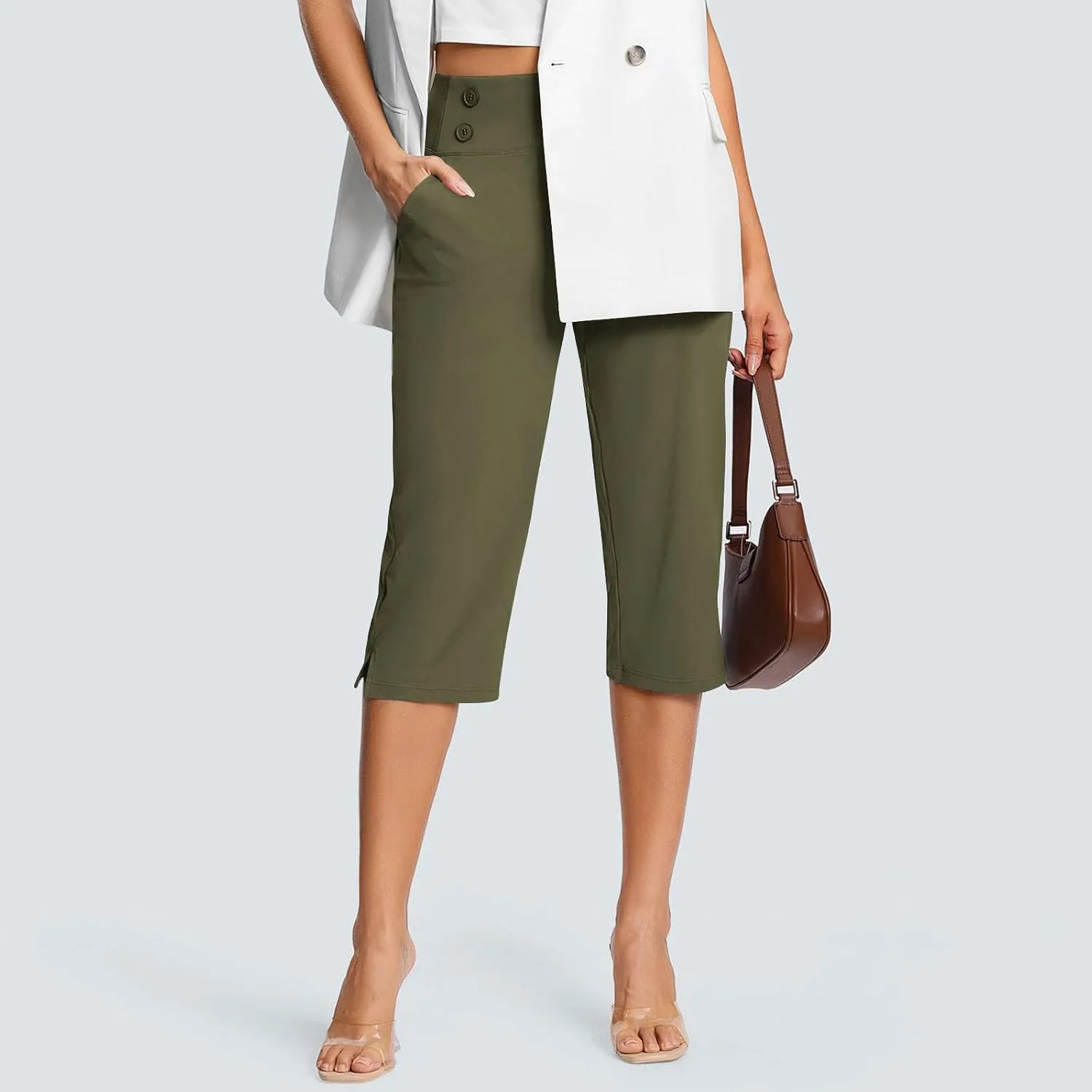 Stretchy Capri Leggings for Women with Pockets Dressy Yoga Pants Wide Leg High Waisted Casual Lounge Summer Outfits