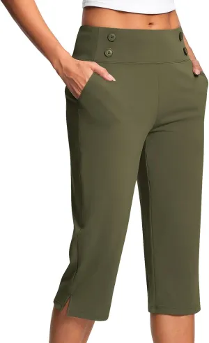 Stretchy Capri Leggings for Women with Pockets Dressy Yoga Pants Wide Leg High Waisted Casual Lounge Summer Outfits