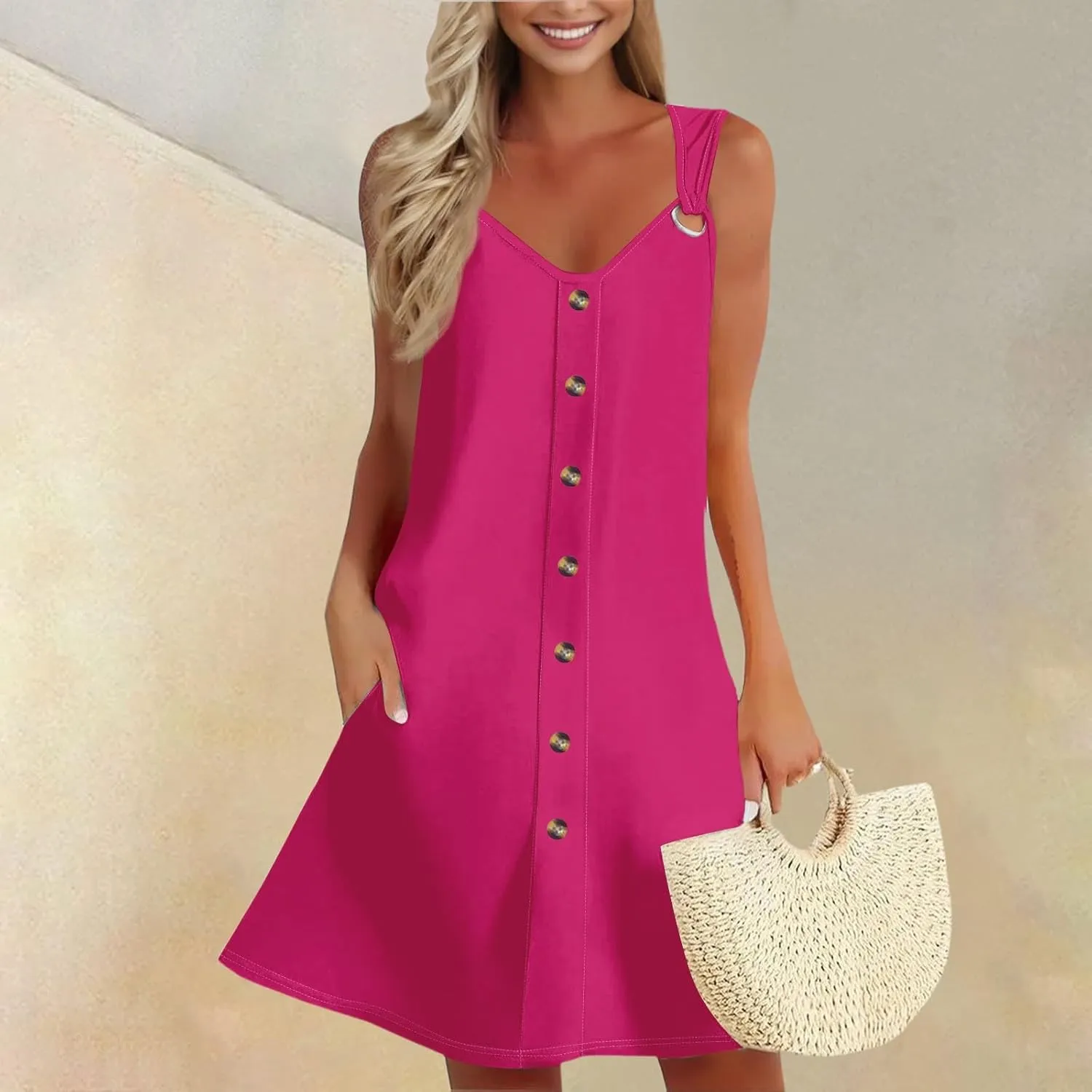 Sundress for Women Sleeveless Tank Dresses 2025 Vacation Plus Size Casual Button V Neck Boho Floral Beach Dress