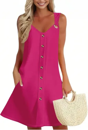 Sundress for Women Sleeveless Tank Dresses 2025 Vacation Plus Size Casual Button V Neck Boho Floral Beach Dress
